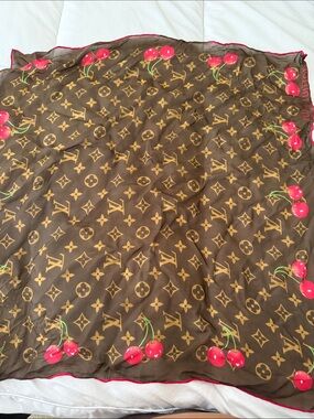 Louis Vuitton x TM 55 Brown Monogram Scarf with Red Cherry Motif